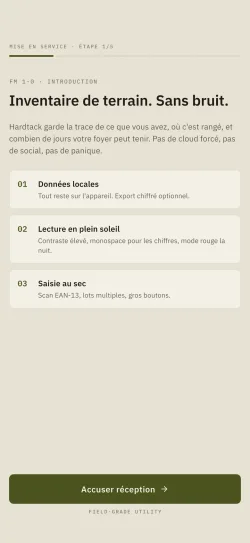 Premier écran de mise en service de Hardtack, présentant les principes de l'application.