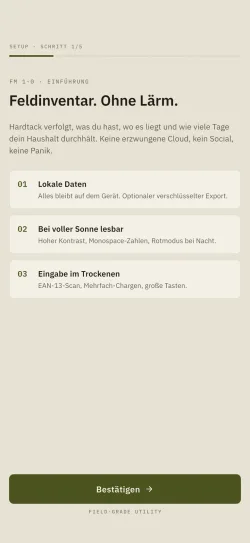 Der erste Einrichtungsbildschirm von Hardtack mit den Grundsätzen der App.