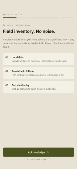 The first Hardtack setup screen, stating the principles behind the app.