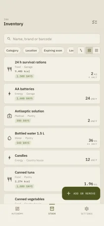 The Hardtack inventory screen: item list with category, storage location, calories and days left before expiry.