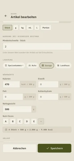 Ein Artikel in Hardtack, gescrollt bis zum Ablaufdatum und den Nährwerten.