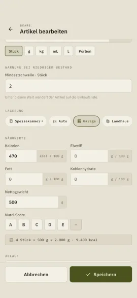 Das Bearbeitungsformular eines Artikels in Hardtack: Lagerort, Nährwerte, Nettogewicht, Ablauf und Notizen.