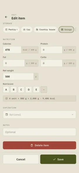 The item edit form in Hardtack: storage location, nutrition values, net weight, expiry and notes.