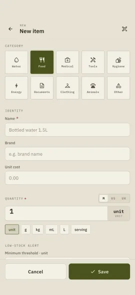 The manual item form in Hardtack: category, name, quantity and unit.
