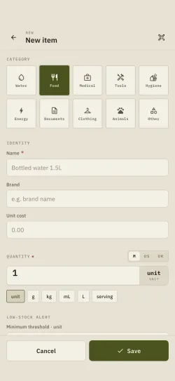The add-item form in Hardtack: name, category, quantity and unit.