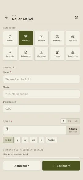 Das Formular zum manuellen Anlegen eines Artikels in Hardtack: Kategorie, Name, Menge und Einheit.