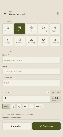 Das Formular zum Hinzufügen eines Artikels in Hardtack: Name, Kategorie, Menge und Einheit.