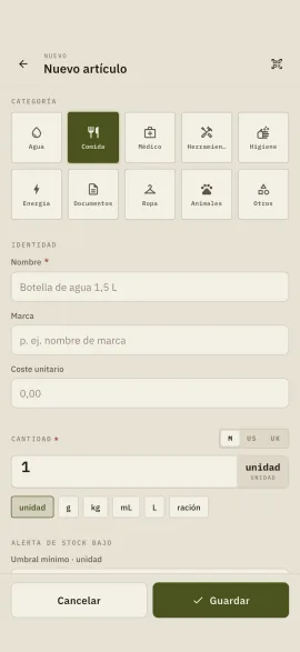 El formulario de alta manual de un artículo en Hardtack: categoría, nombre, cantidad y unidad.