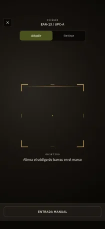 La pantalla de escaneo de códigos de barras de Hardtack, con marco de enfoque EAN-13 y entrada manual como alternativa.