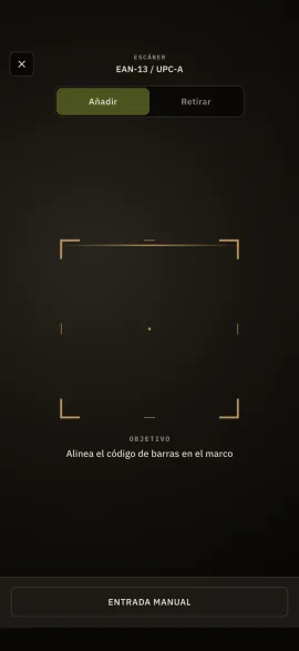 La pantalla de escaneo de código de barras de Hardtack, con visor EAN-13 y alta manual como recurso.