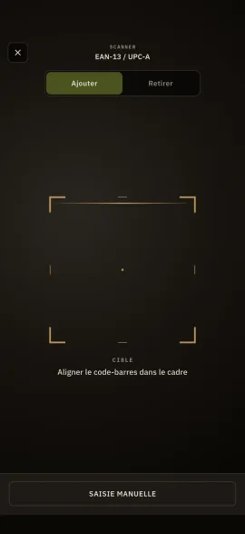 L'écran de scan de code-barres de Hardtack, avec cadre de visée EAN-13 et saisie manuelle en repli.