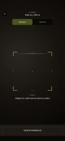 L'écran de scan de code-barres de Hardtack, avec cadre de visée EAN-13 et saisie manuelle en repli.