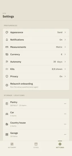 The Hardtack settings screen: appearance, household, security, export and backup.
