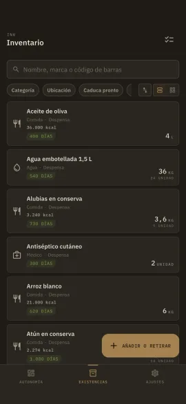 La pantalla de inventario de Hardtack, mostrada con el tema y el color de acento elegidos.