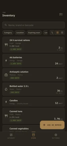 The Hardtack inventory screen, shown in the selected theme and accent colour.