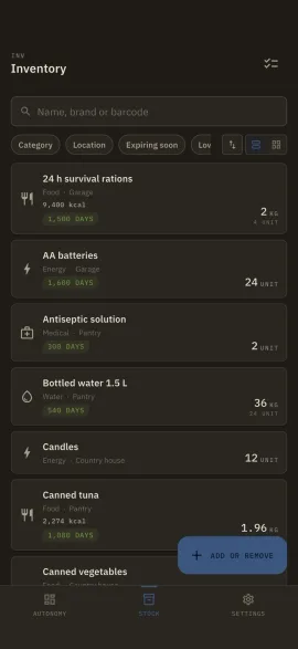 The Hardtack inventory screen, shown in the selected theme and accent colour.