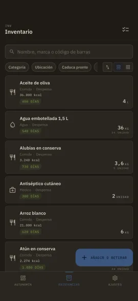 La pantalla de inventario de Hardtack, mostrada con el tema y el color de acento elegidos.