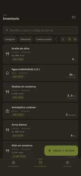 La pantalla de inventario de Hardtack, mostrada con el tema y el color de acento elegidos.