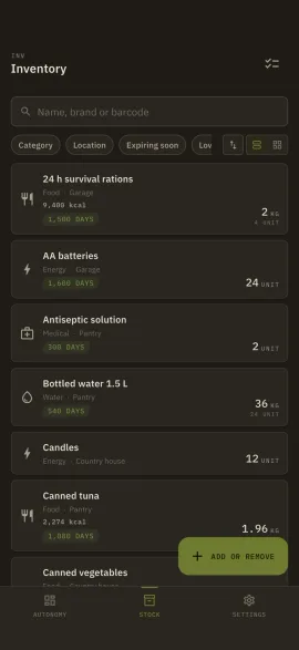 The Hardtack inventory screen, shown in the selected theme and accent colour.
