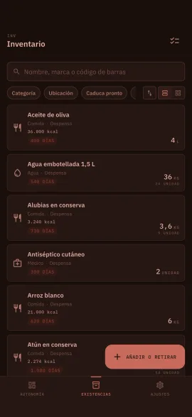 La pantalla de inventario de Hardtack, mostrada con el tema y el color de acento elegidos.