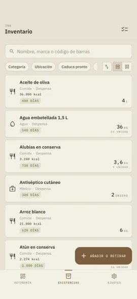 La pantalla de inventario de Hardtack, mostrada con el tema y el color de acento elegidos.