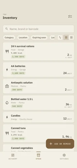 The Hardtack inventory screen, shown in the selected theme and accent colour.