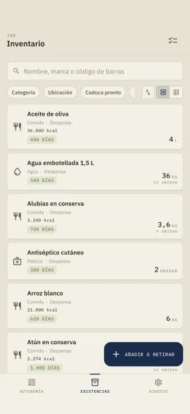 La pantalla de inventario de Hardtack, mostrada con el tema y el color de acento elegidos.