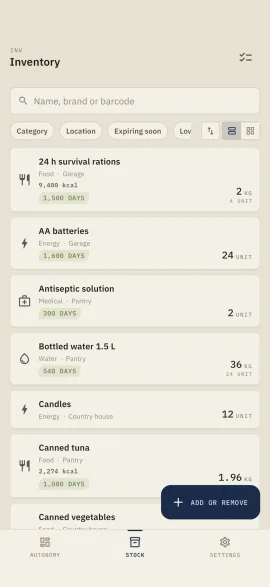 The Hardtack inventory screen, shown in the selected theme and accent colour.